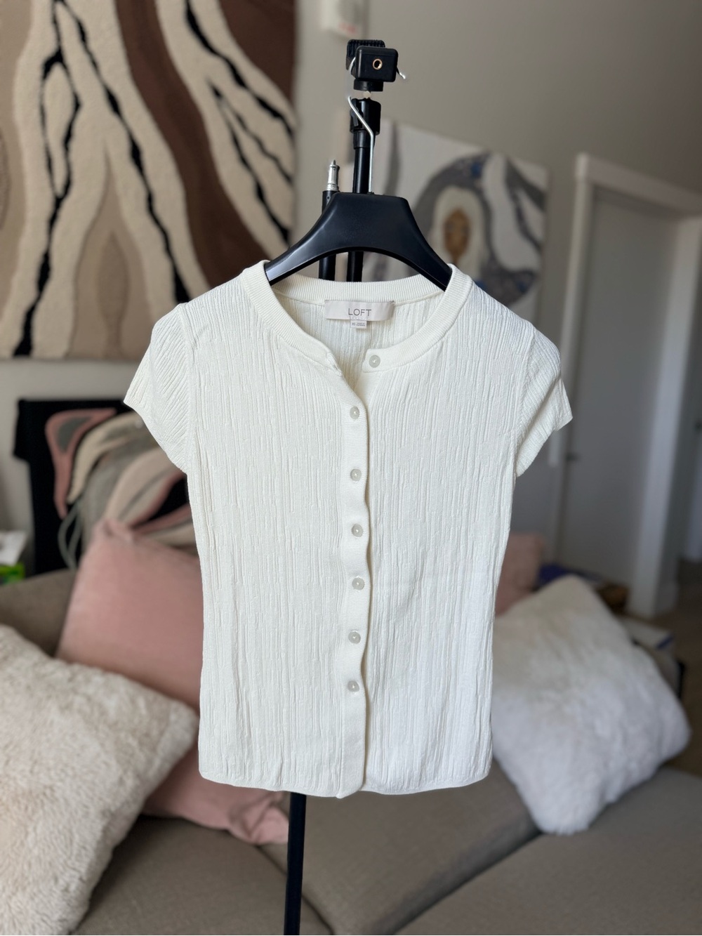 LOFT Cream Short-Sleeve Textured Button-Front Top